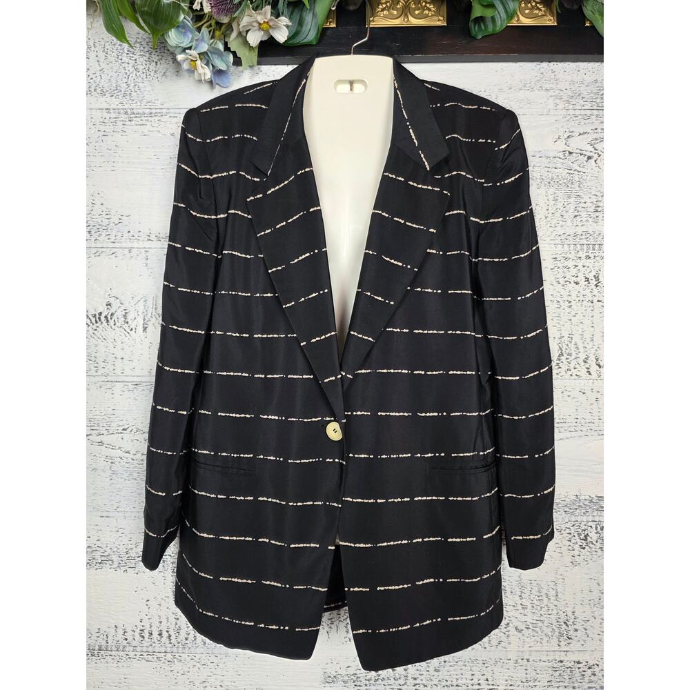 Jones New York 100% Silk Blazer Size 12 Black Textured Career Suit Jacket EUC